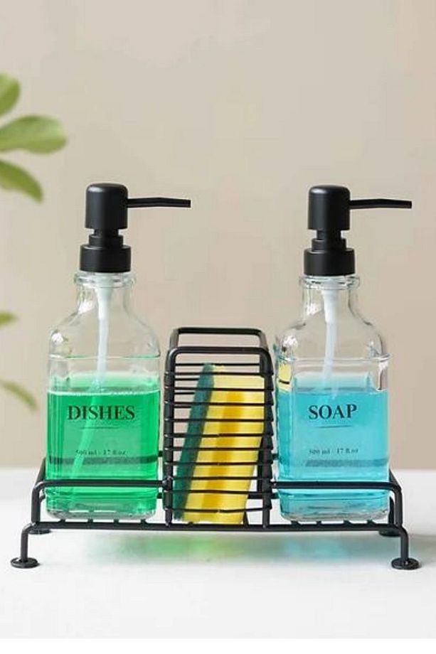 Mutfak Sabun Ve Deterjan Dispenser Seti Demir Çiftli Pompa Ve Sünger Standı 500 ml Siyah - 2