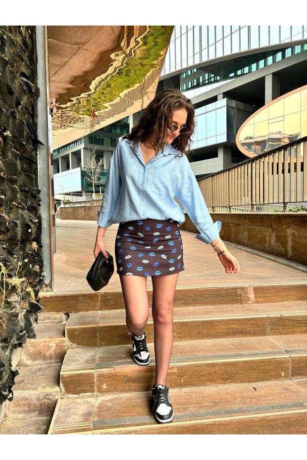 Dudak Baskılı Siyah Mini Etek - 3