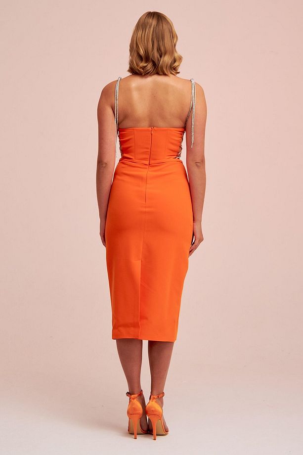 Orange Taş Bağcıklı Midi Krep Abiye Elbise - 6