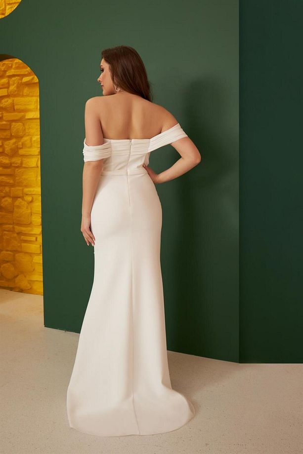Ekru Krep Inci Işlemeli Uzun Söz Elbisesi Ve Nikah Elbisesi - 5