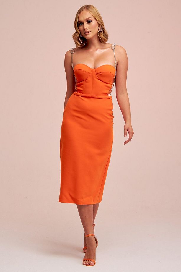 Orange Taş Bağcıklı Midi Krep Abiye Elbise - 1