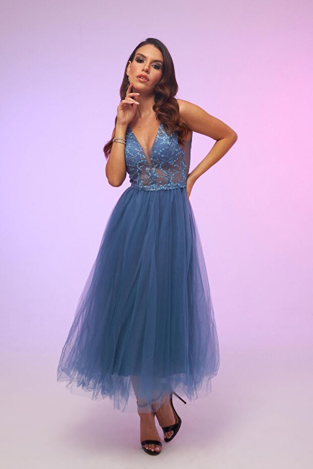 Indigo tylové šaty Midi Promise bez zad - 1