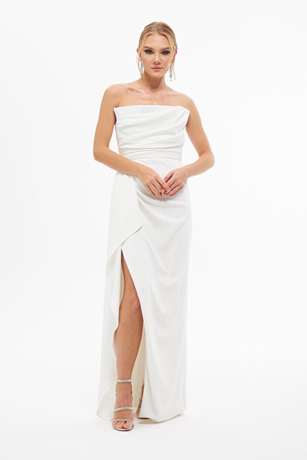 Ecru Crepe Stone Printed Long Wedding Dress with Slit