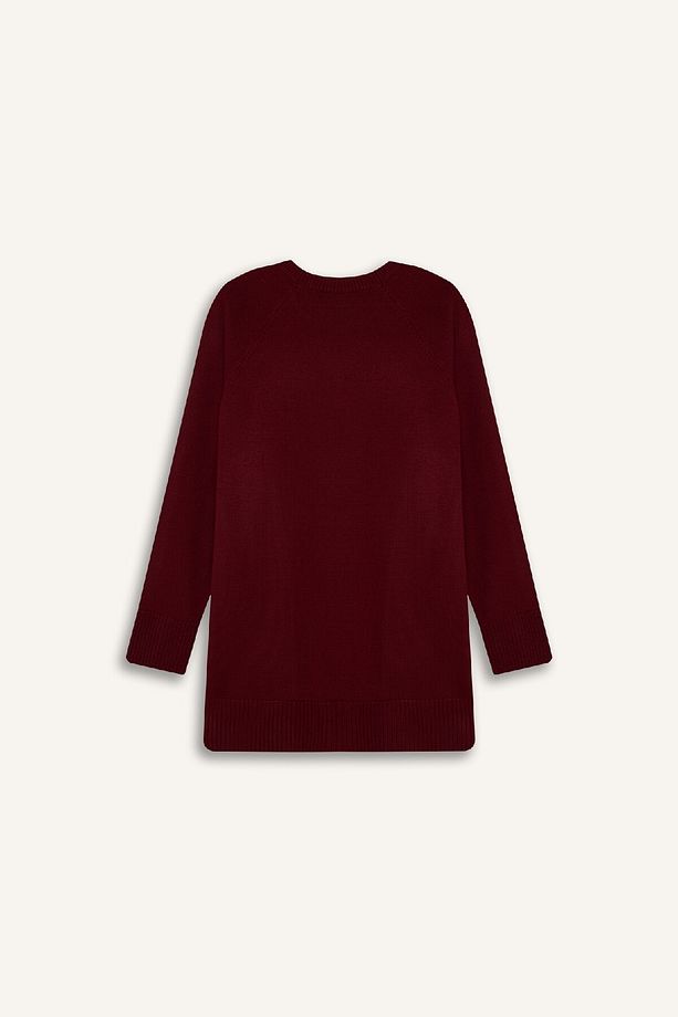 Regular Fit Bisiklet Yaka Basic Düz Triko Bordo Kazak Tunik C4474ax24au - 3