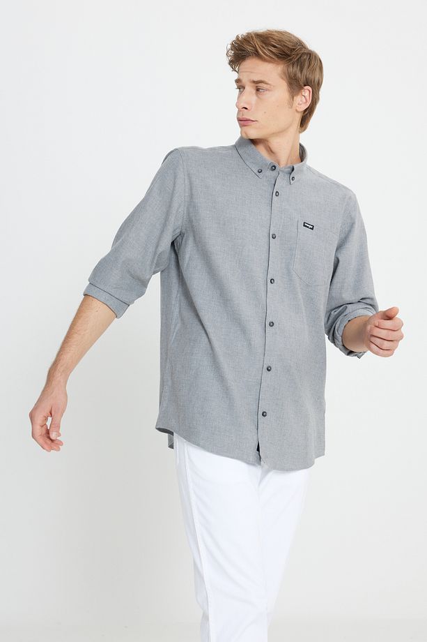 Regular Fit Normal Kesim %100 Pamuk Gri Gömlek - 2