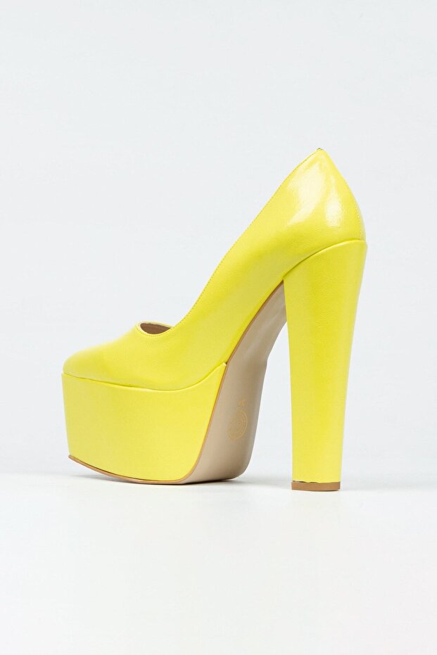 Sarı Klasik Sivri Kalın Topuklu Sivri Platformlu Kadın Abiye Ayakkabı 25034se - 4