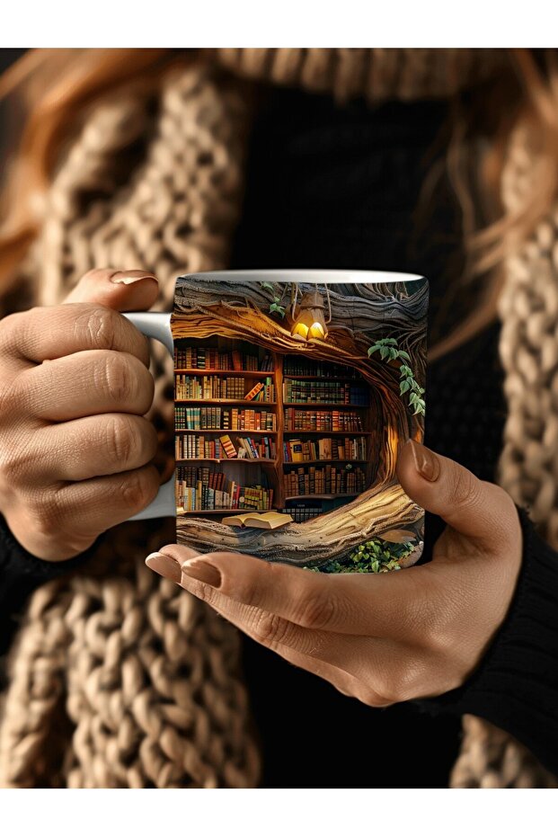 كوب سيراميك بتصميم ثلاثي الأبعاد مطبوع عليه كتب الكهف والشجرة - هدية