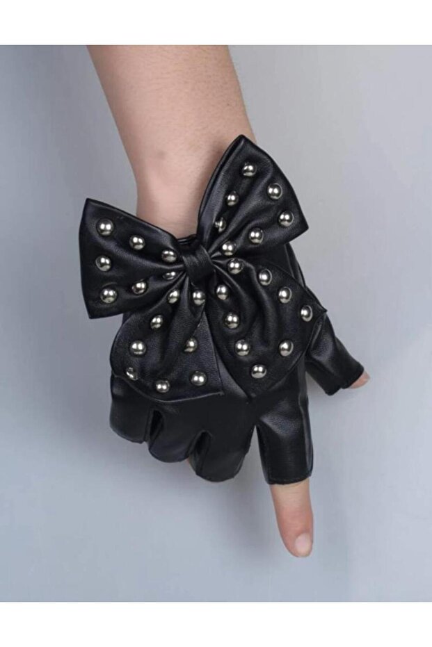 Kurdele Taşlı Siyah Deri Eldiven - 2