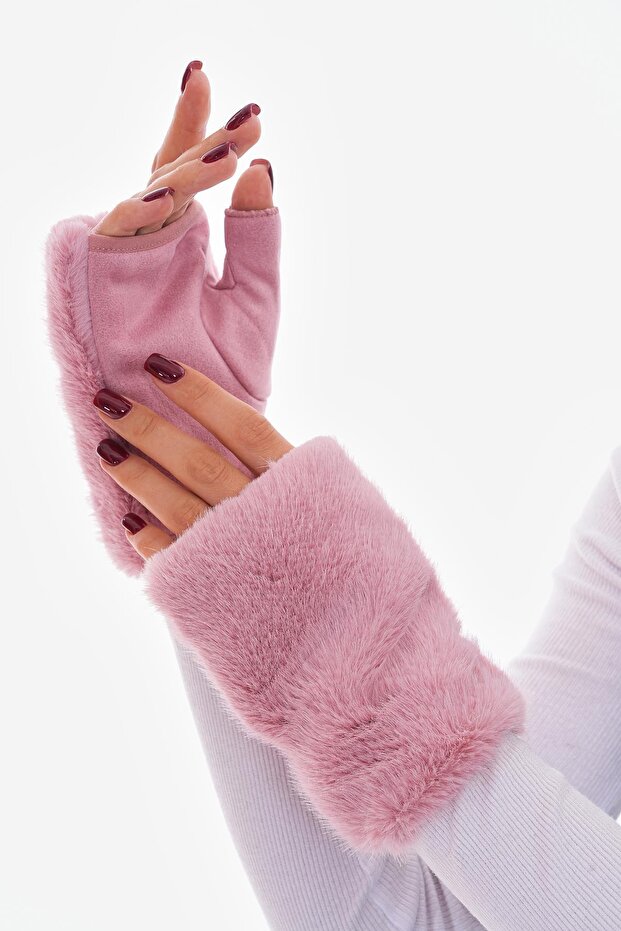 Pembe Peluş Kadın Eldiven - 4