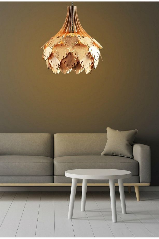 Palmiye Modern Aydınlatma Tasarım Globe Küre Doğal Ahşap Mdf 3d Lazer Kesim Rustik Salon Avize - 4