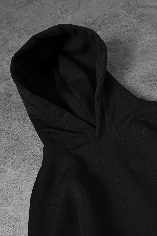 Erkek Siyah Basic Kapüşonlu Oversize Sweatshirt - 2