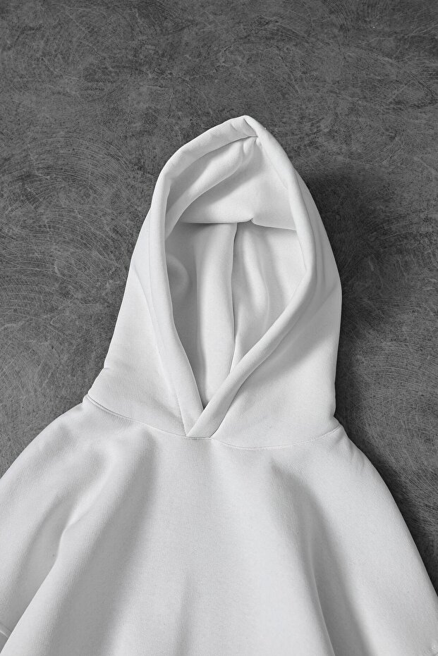 Erkek Beyaz Basic Kapüşonlu Oversize Sweatshirt - 2