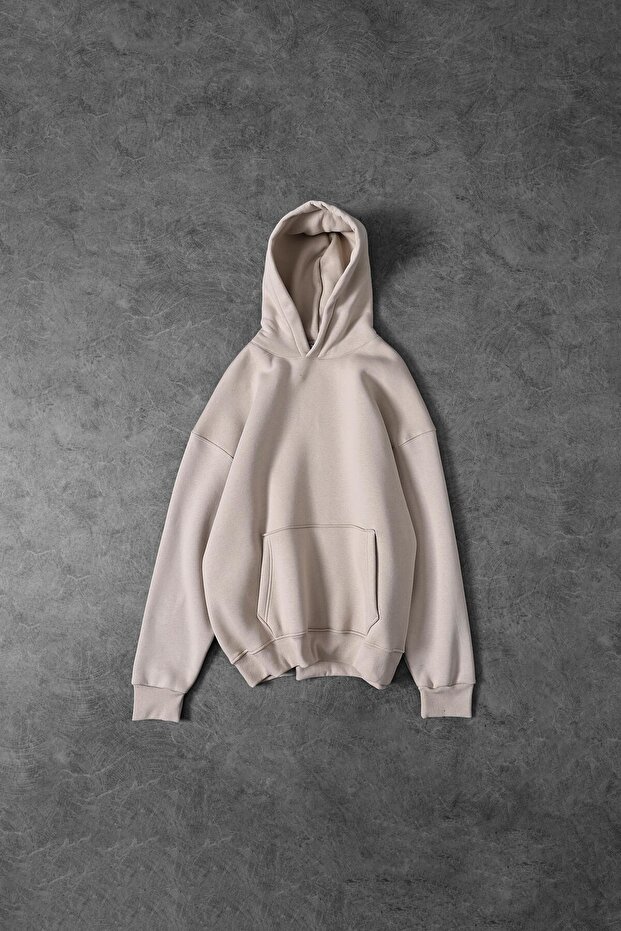 Erkek Bej Basic Kapüşonlu Oversize Sweatshirt - 1