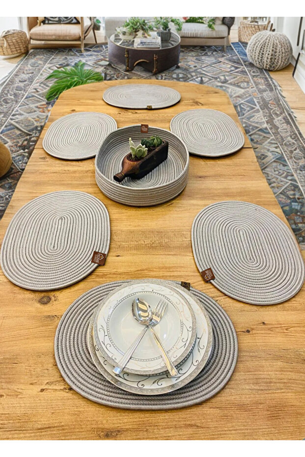 طقم سوبلا، 7 قطع من الجوت الطبيعي، منقوش، من الخيزران، طقم تقديم أمريكي، حامل أطباق، سلة خبز
