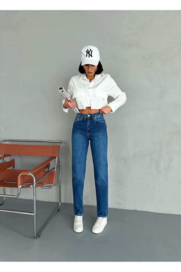 ZEO Basic ليكرا Mom Jean - أزرق داكن مطحون - 1