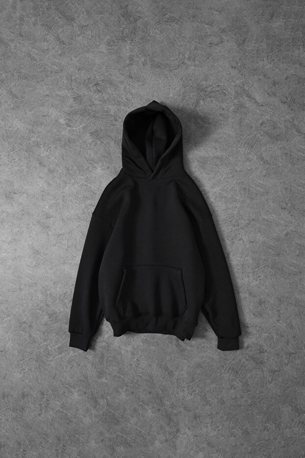 Erkek Siyah Basic Kapüşonlu Oversize Sweatshirt - 1