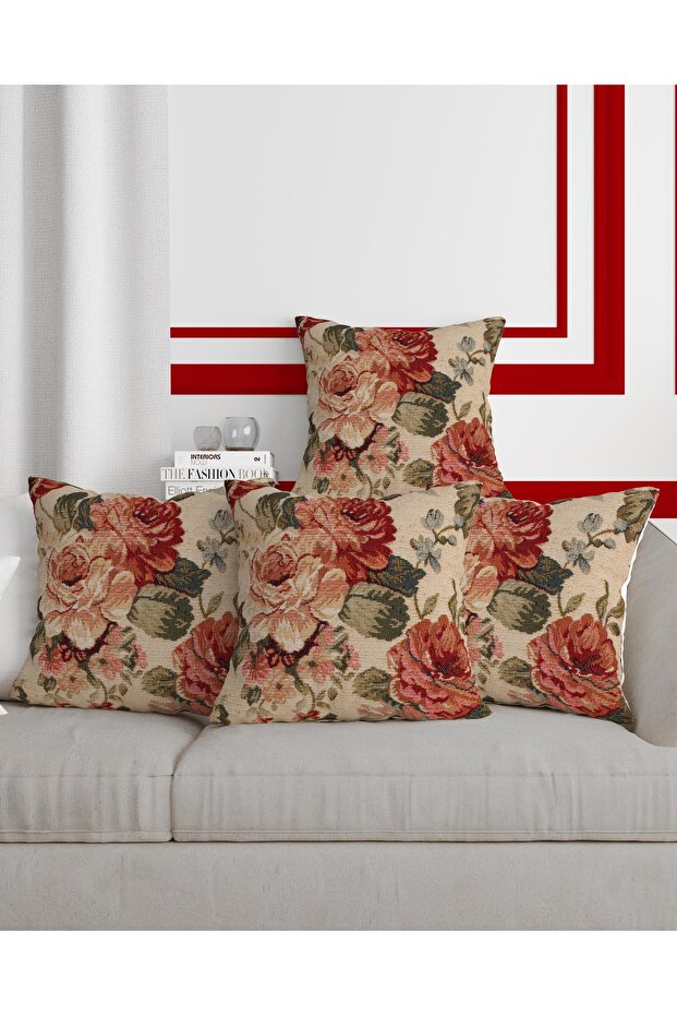 Nostalgia Cream Floor Red Pink Rose Pattern Digital Printed 4-Piece Seat Pillow Throw Pillow Cover Set