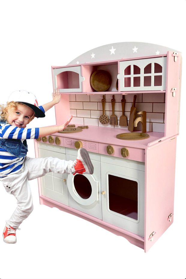 Boyalı Ahşap Oyuncak Mutfak Servis Seti Pembe- Beyaz - 9