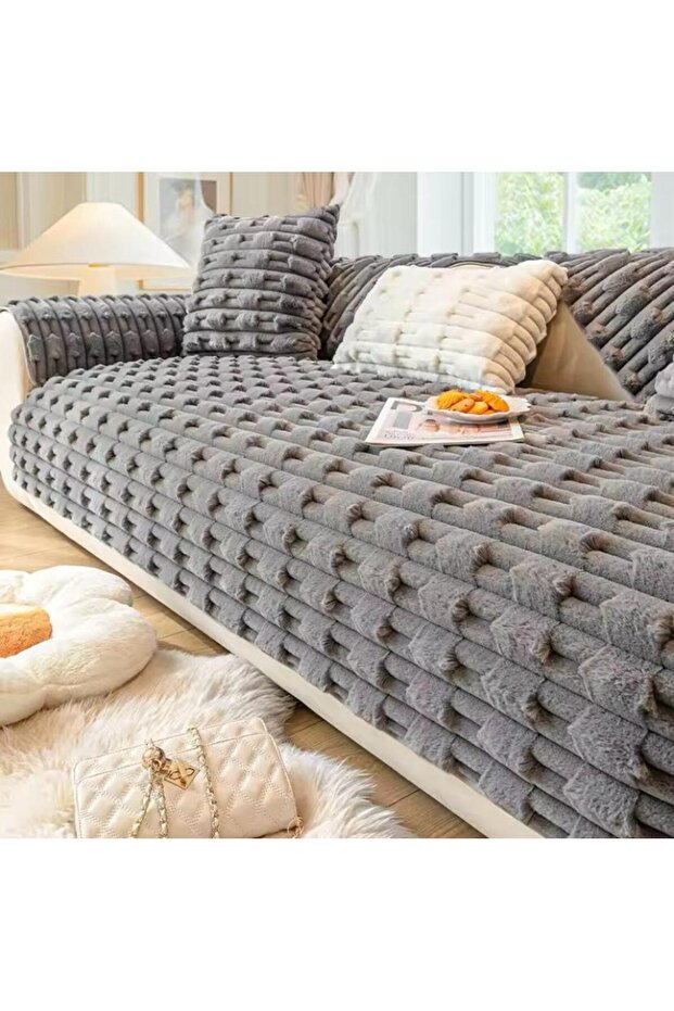 Thick Rectangular Patterned Plush for Three-Person Sofa (1 Piece) 80*190cm Size (Smoked)