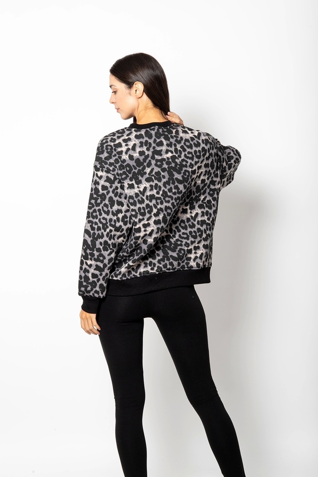 Leopard Patterned Gray Oversize Sweatshirt - 2