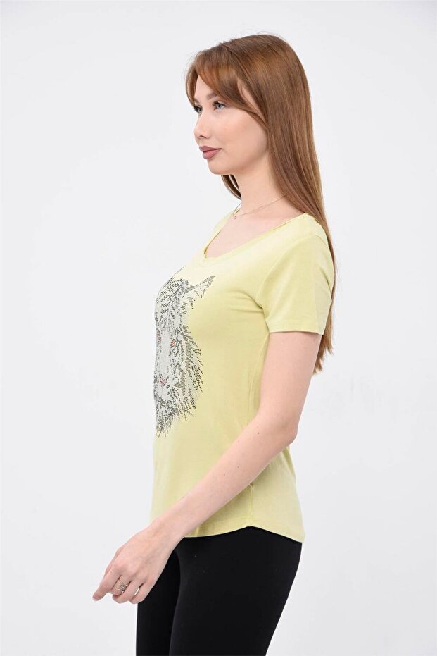 Tshirt Basic Taşlı Kaplan Kıvrık Makas - Sarı - 3