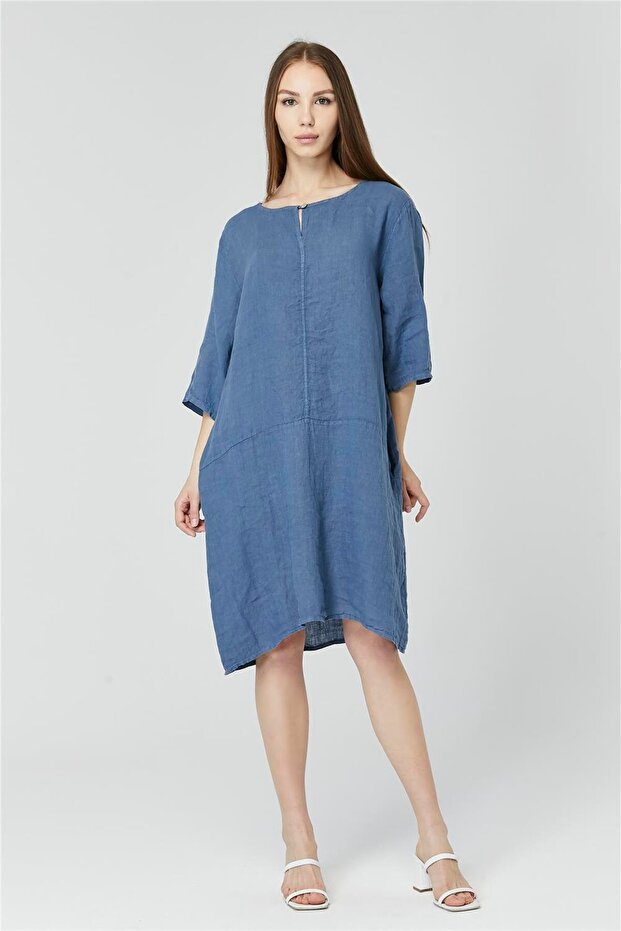 Tek Düğmeli Keten Elbise - 3