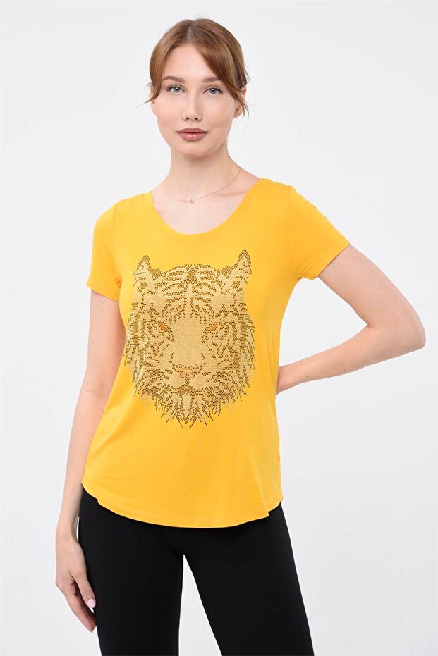Tshirt Basic Taşlı Kaplan Kıvrık Makas - Orange - 1