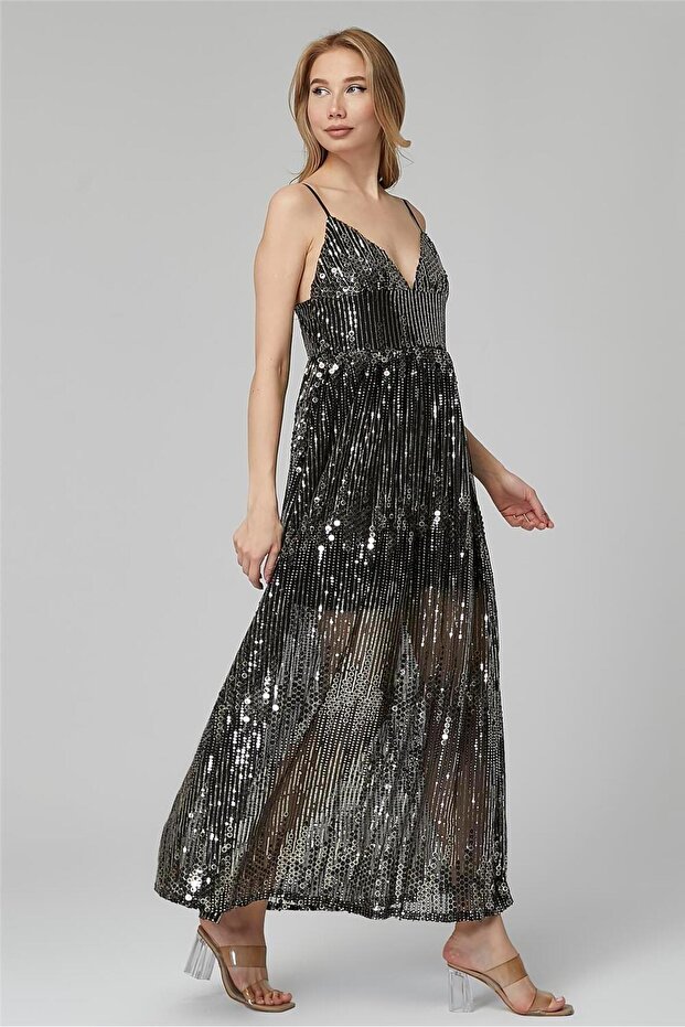 Uzun Metalik Pullu Elbise - 2