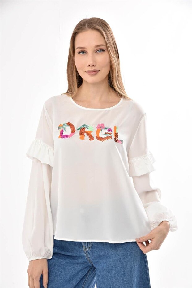 Ecru Embroidery Sequined Blouse - Ruffle Sleeve and Buttoned Neck, L Length