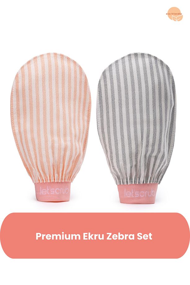 Premium Ekru Zebra Set 2 Adet Banyo Ve Duş Kesesi Peeling Eldiveni Unisex Normal Ciltler Için - 1