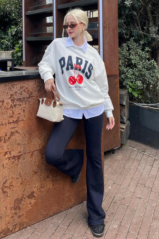 Beyaz Bisiklet Yaka Basic Sweatshirt MG2233 - 2