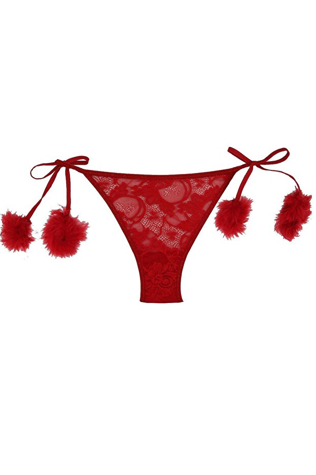 450 Women's Lace Panties with Pompoms on the Sides - Red