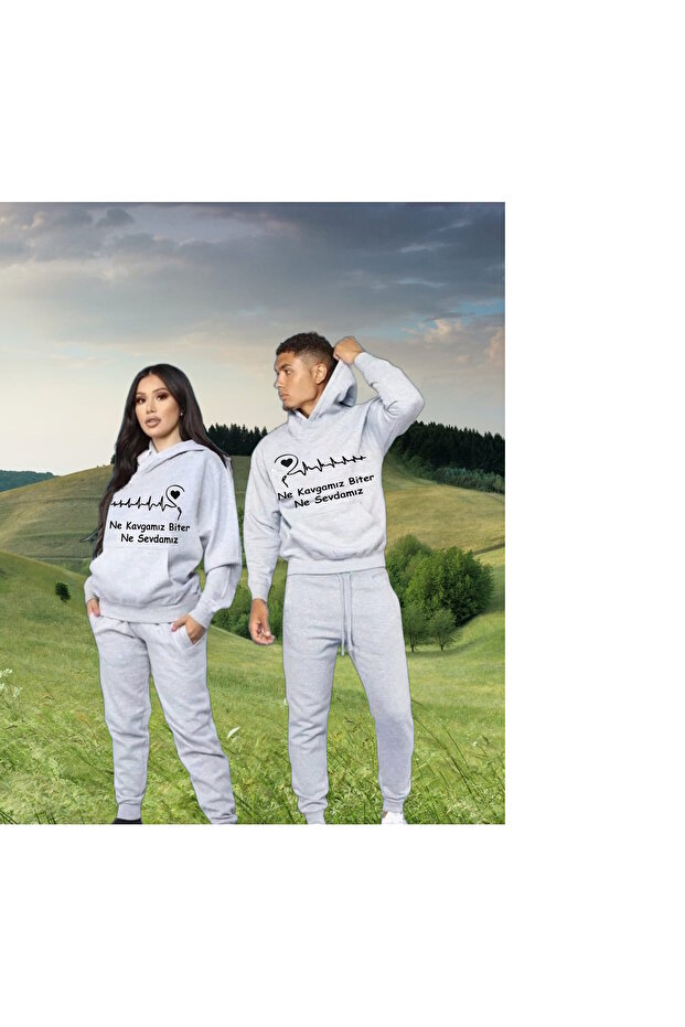 Lover Combination 2-Piece Printed Bottom Top Hooded Gray Tracksuit Set Oversize Tracksuit Boyfirend