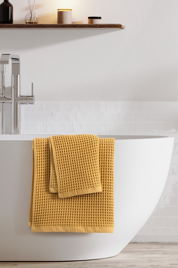2'li Gofre Banyo Havlu Seti - Yumuşak Ve Yüksek Su Emici- Waffle Dokuma & Petekli Havlu- Hardal - 2