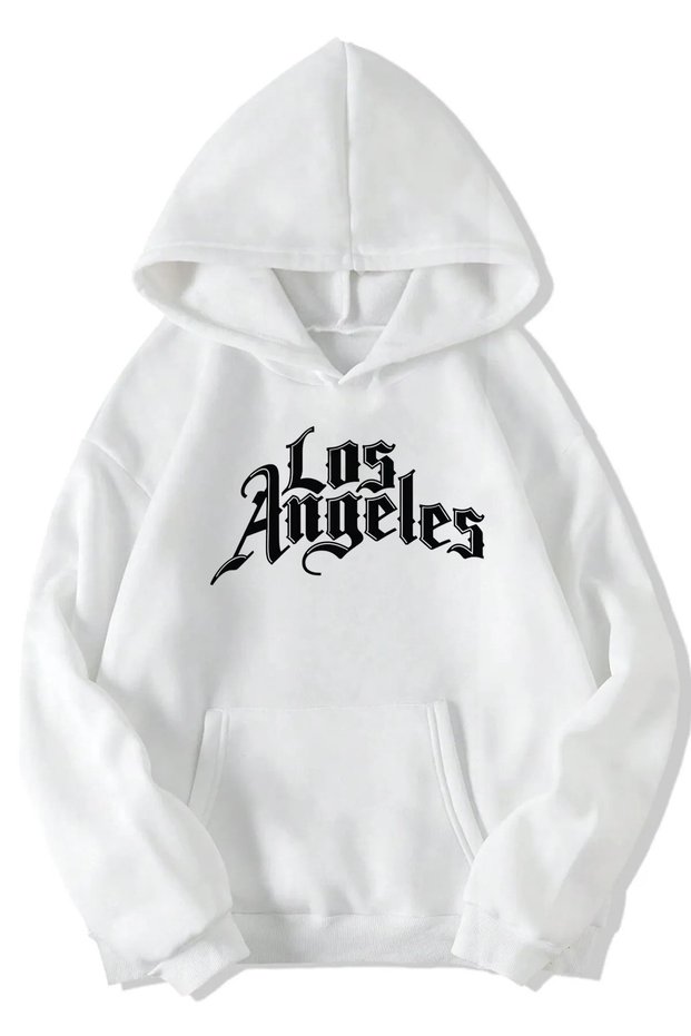 Los Angeles Printed Men's White Hooded Sweatshirt