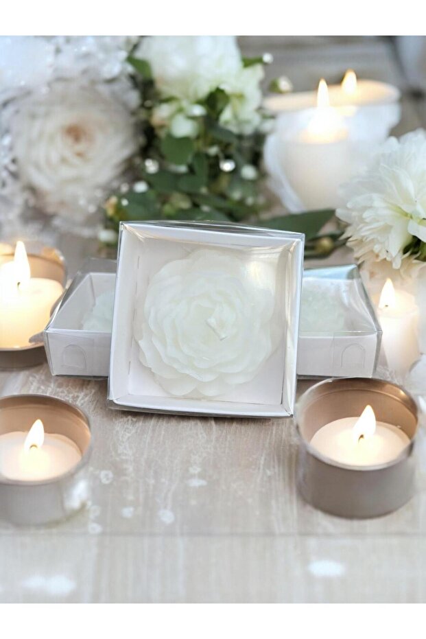 15 Pieces White Boxed Peony Candle, Engagement, Wedding, Circumcision, Promise, Henna, Birthday