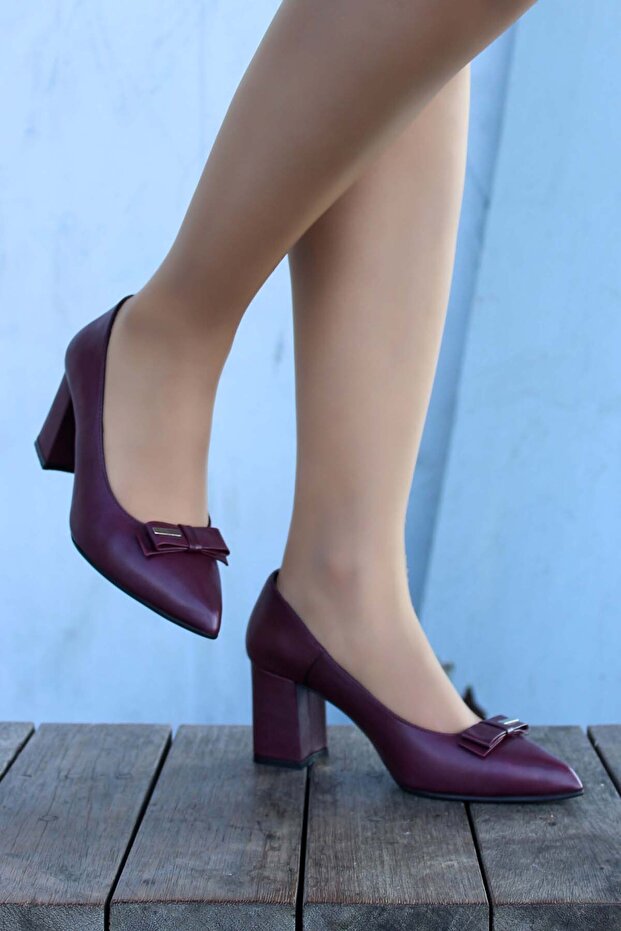 Genuine Leather Claret Red Women's Thick Heeled Shoes 019Za8069