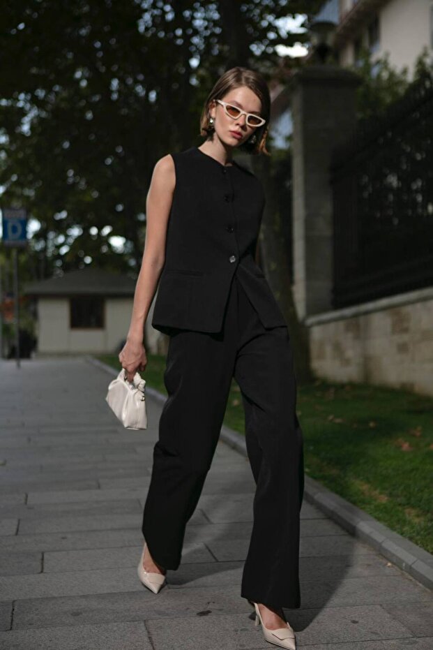 Schwarzes Camille Classic Button-Down-Weste-Hosen-Set-8449 - 2