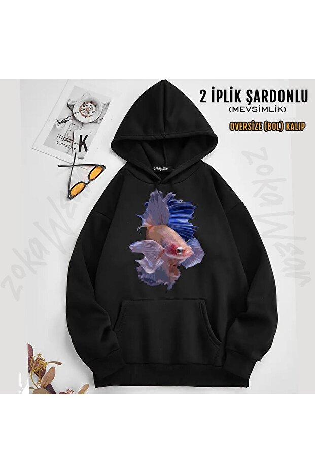 Fish Betta Printed Hooded Sweatshirt (2 Thread)