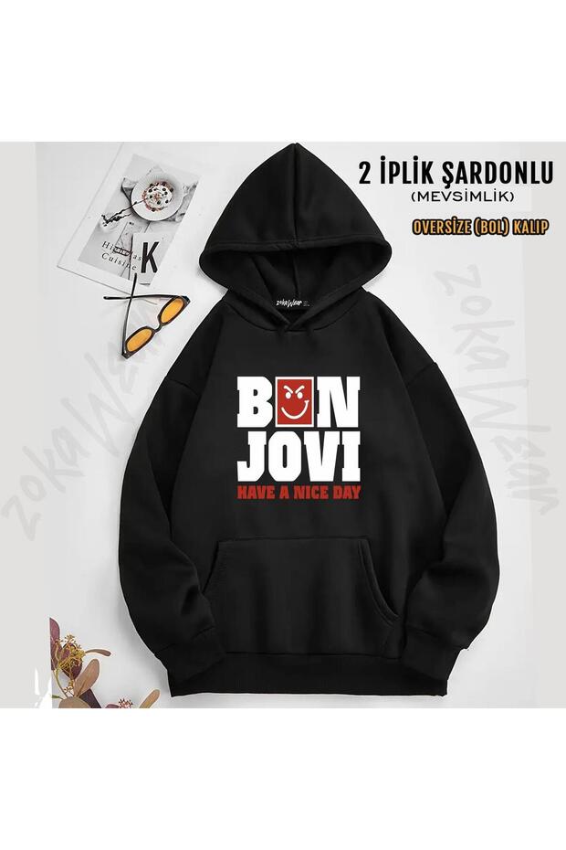 سويت شيرت بقلنسوة مطبوع عليه عبارة "Have A Nice Day" من Bon Jovi (خيطان)