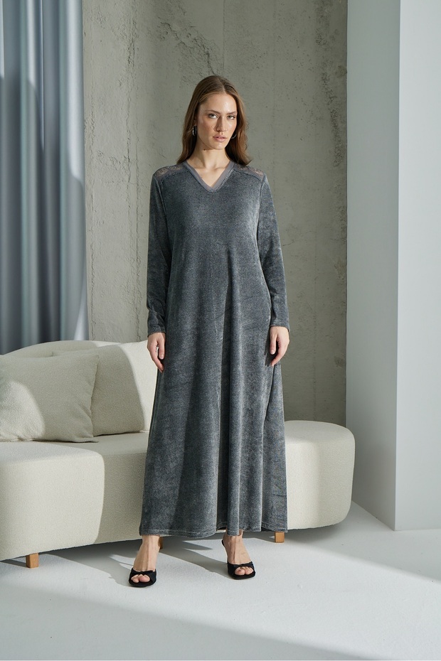 15312  KADİFE UZUN ELBİSE - 1