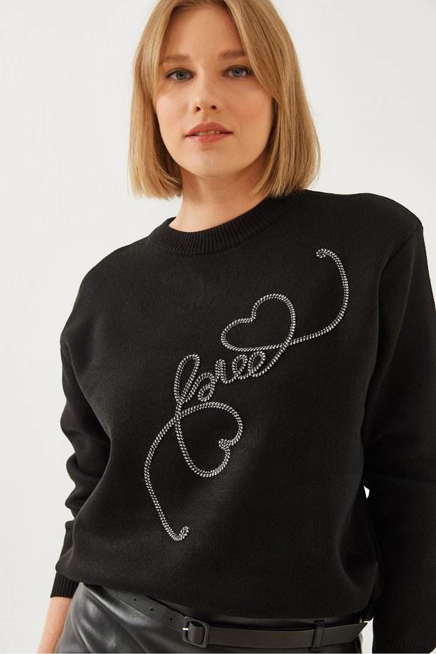 Women's Black Love Heart Embroidered Knitwear Sweater 14318 60351158