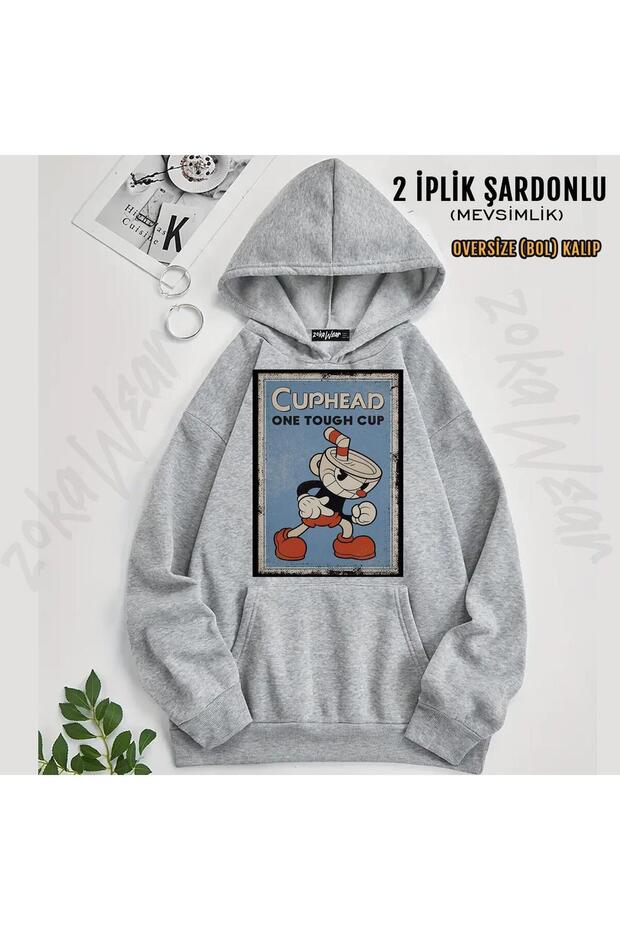 سويت شيرت بغطاء للرأس كبير الحجم مطبوع من Cuphead (خيطان)