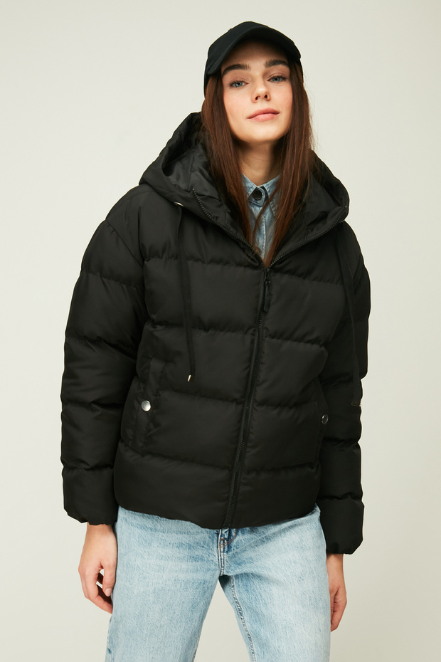 Women's Windproof Black Fiber Filling Winter Coat
