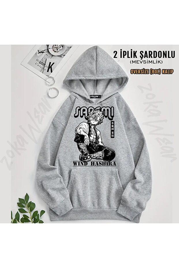 Cute Demon Slayer,Sanemi Shinazugawa Printed Hooded Oversize Sweatshirt (2 Thread)