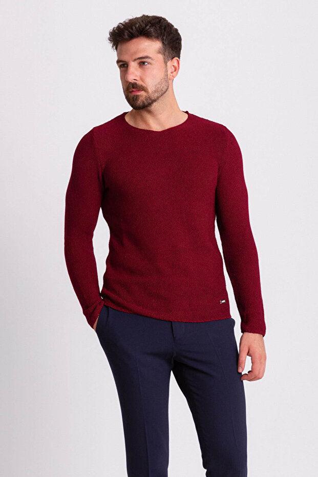Lase Slim Fit Crew Neck Long Sleeve Men's Knitwear Claret Red - 11155.18Y