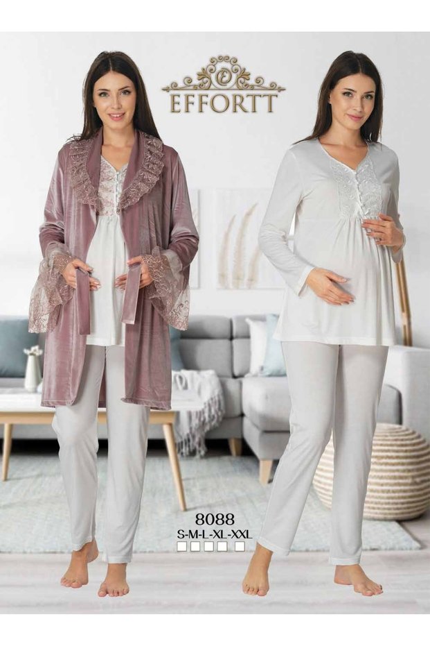Venera Maternity Pajama Set with Velvet Robe, 3-Piece Luxury Set [Suitable for Shooting]