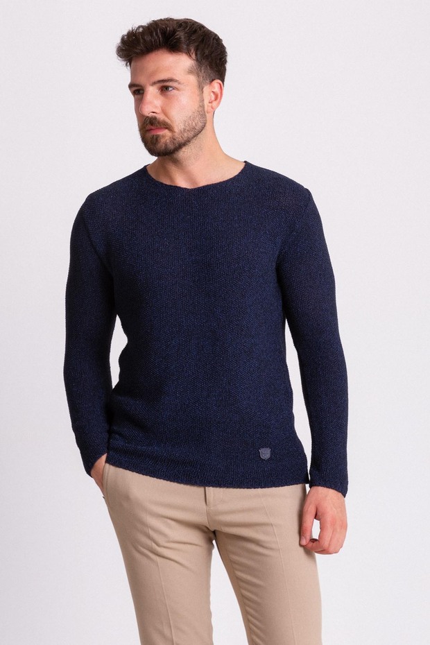 Knitted Patterned Slim Fit Wide Collar Long Sleeve Lase Men's Knitwear Sweater Navy Blue - 11155.18Y