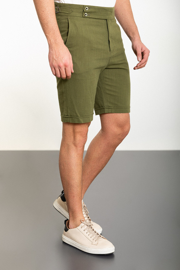 Plain Super Slim Fit Belted Linen Men's Shorts Khaki - 18106.24Y