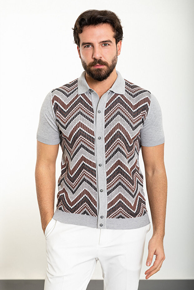 Patterned Slim Fit Shirt Collar Men's Knitwear Cardigan Light Gray - 11479.24Y